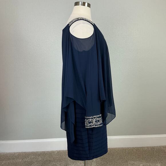 Betsy & Adam Beaded Long Sleeve Cut Out Midi Sheath Cocktail Dress Blue Size 16W - Picture 3 of 13